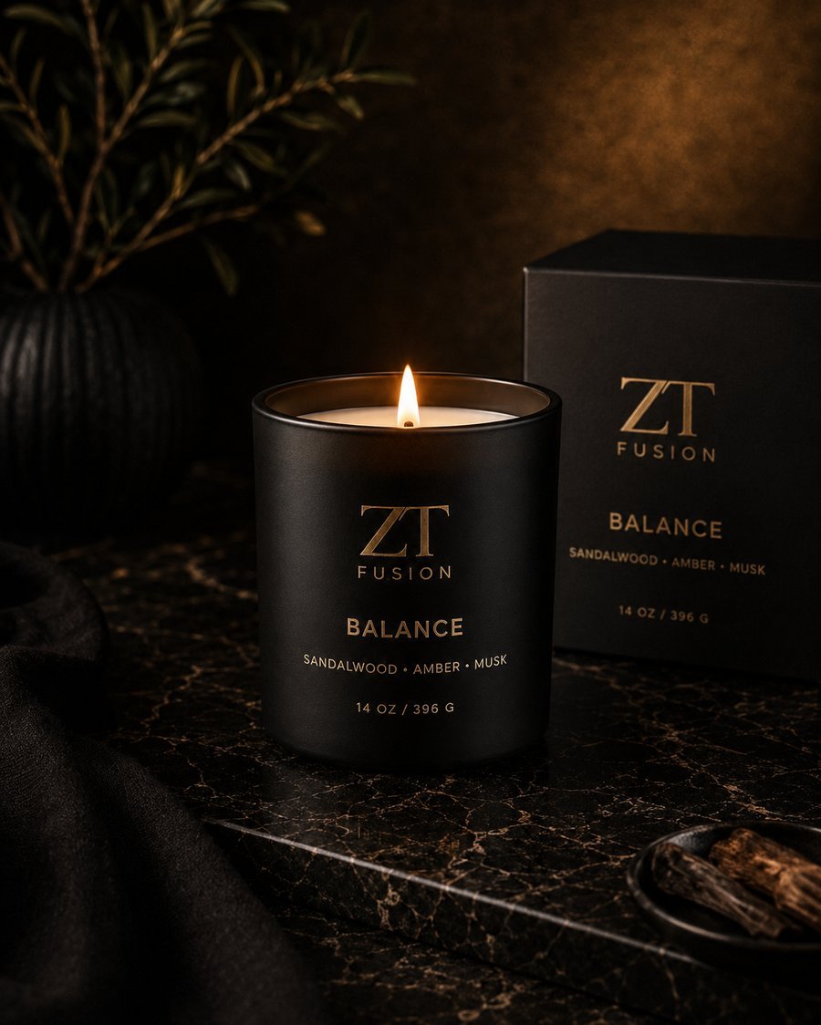 ZT Fusion Balance signature candle in matte black glass with gold foil wordmark
