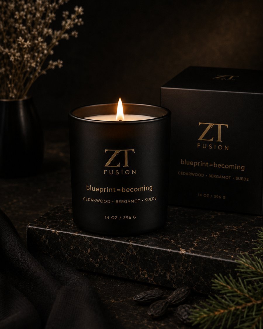 ZT Fusion Blueprint + Becoming signature candle in matte black glass with gold foil wordmark
