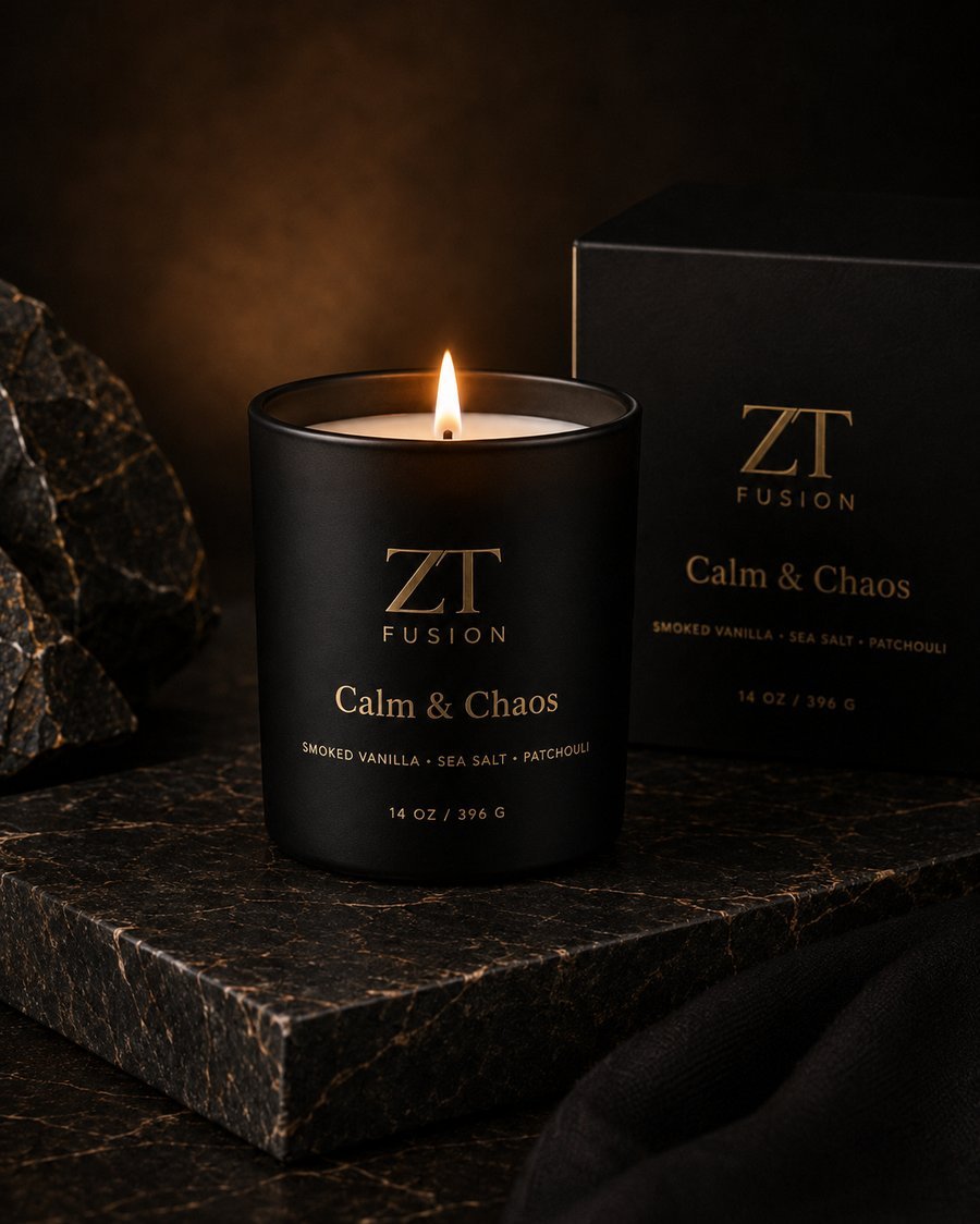 ZT Fusion Calm + Chaos signature candle in matte black glass with gold foil wordmark