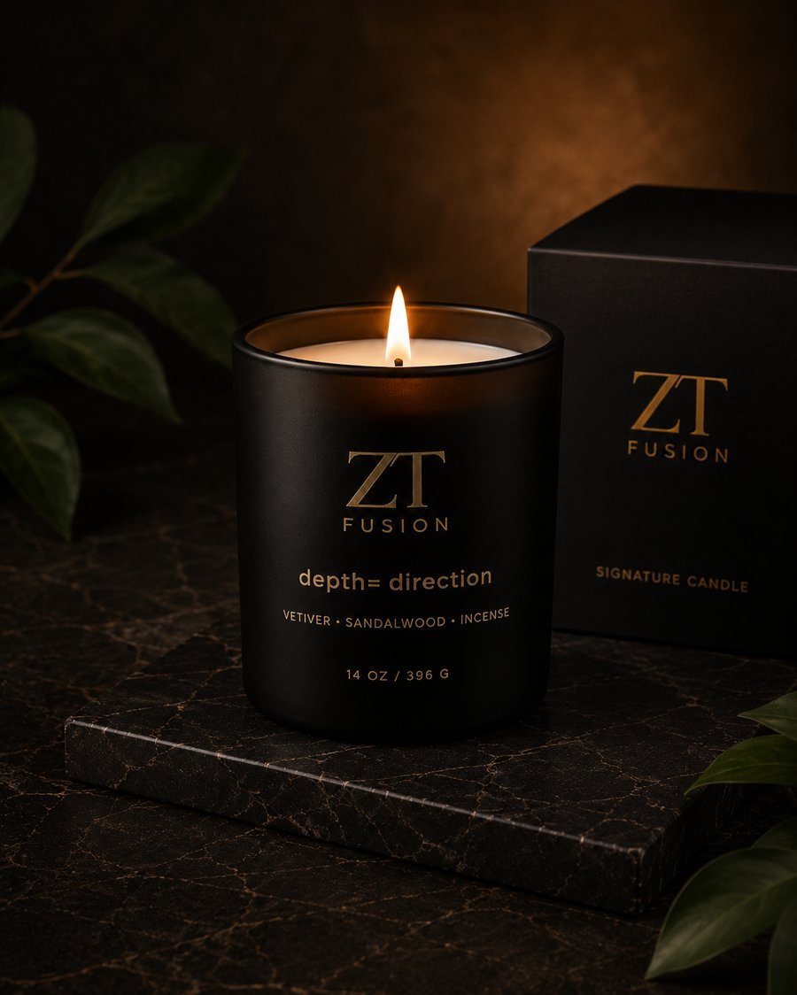 ZT Fusion Depth + Direction signature candle in matte black glass with gold foil wordmark