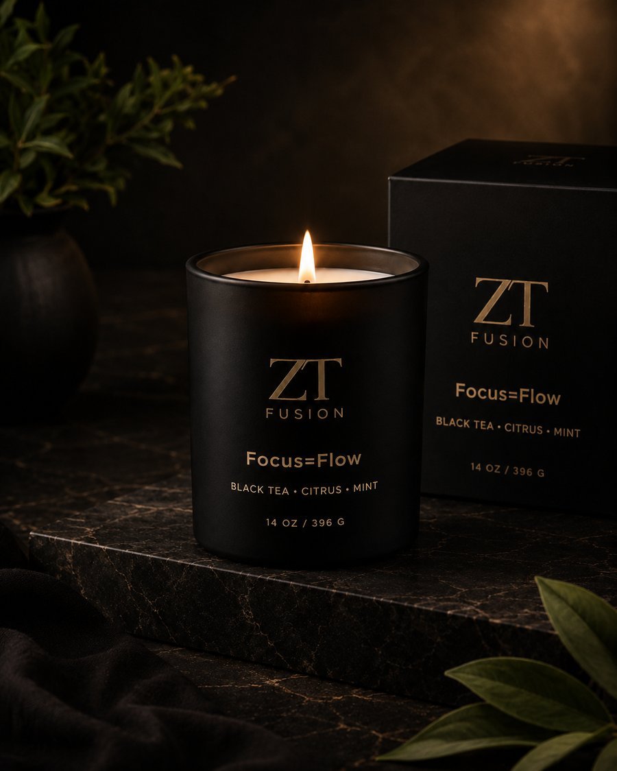 ZT Fusion Focus + Flow signature candle in matte black glass with gold foil wordmark
