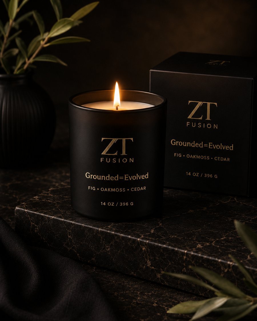 ZT Fusion Grounded + Evolved signature candle in matte black glass with gold foil wordmark