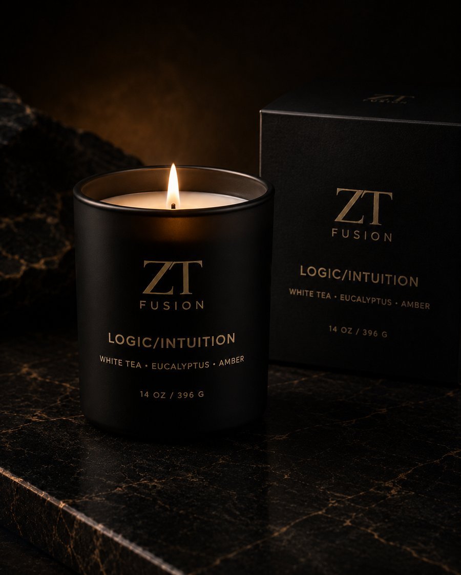 ZT Fusion Logic + Intuition signature candle in matte black glass with gold foil wordmark