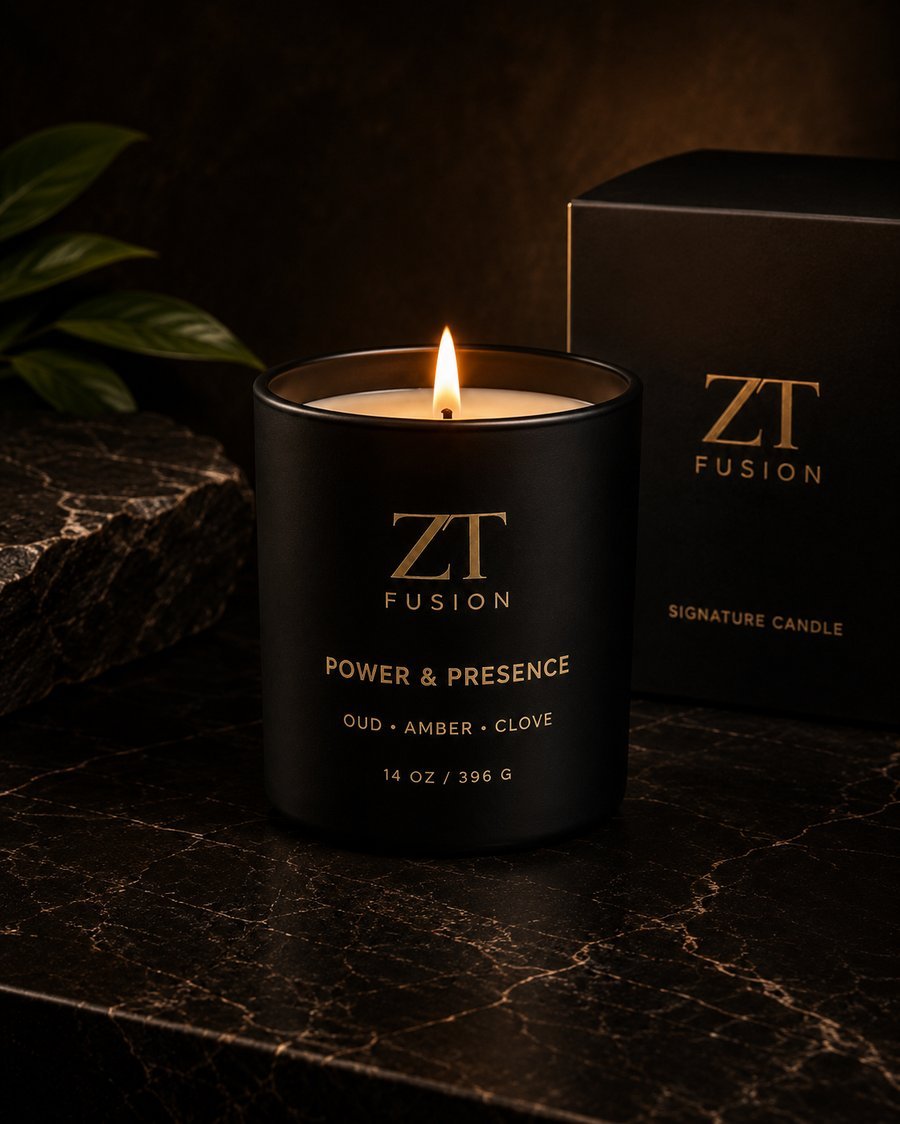 ZT Fusion Power + Presence signature candle in matte black glass with gold foil wordmark