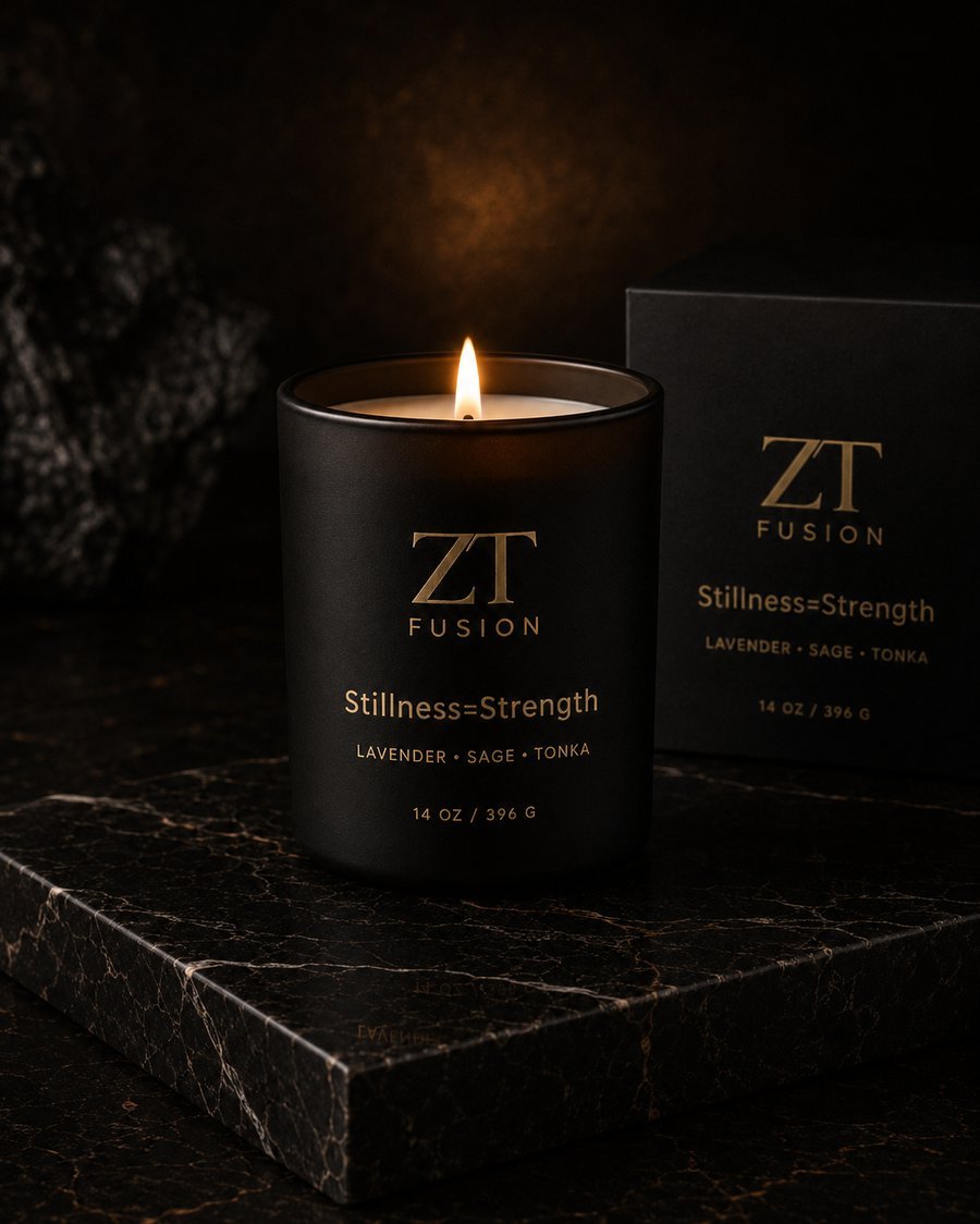 ZT Fusion Stillness + Strength signature candle in matte black glass with gold foil wordmark