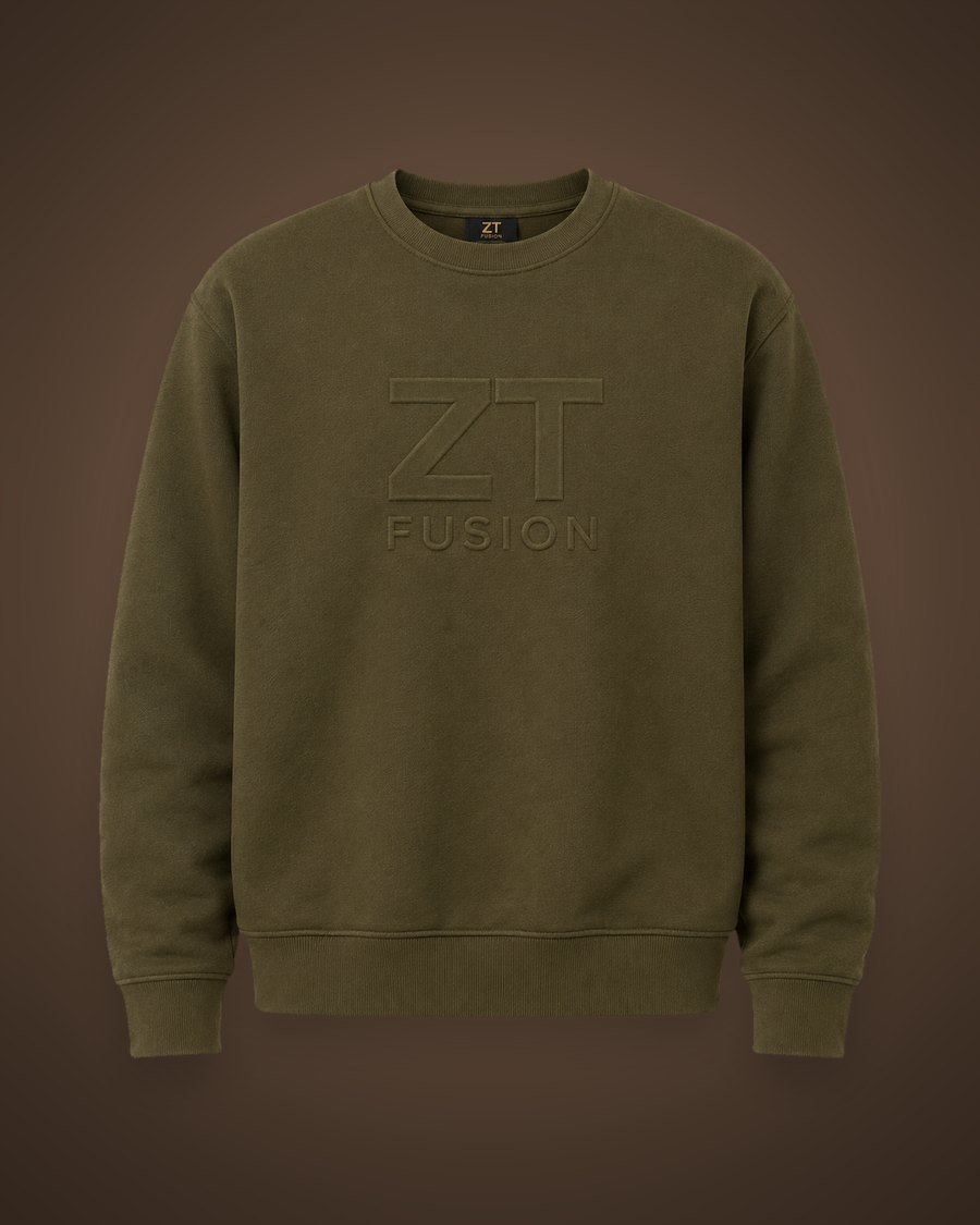 ZT Fusion Crewneck in Terrain · Grounded = Evolved capsule, tonal emboss
