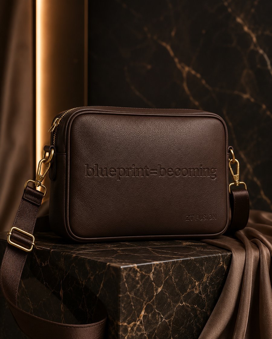 ZT Fusion Crossbody in Earthen · Blueprint = Becoming capsule, tonal emboss