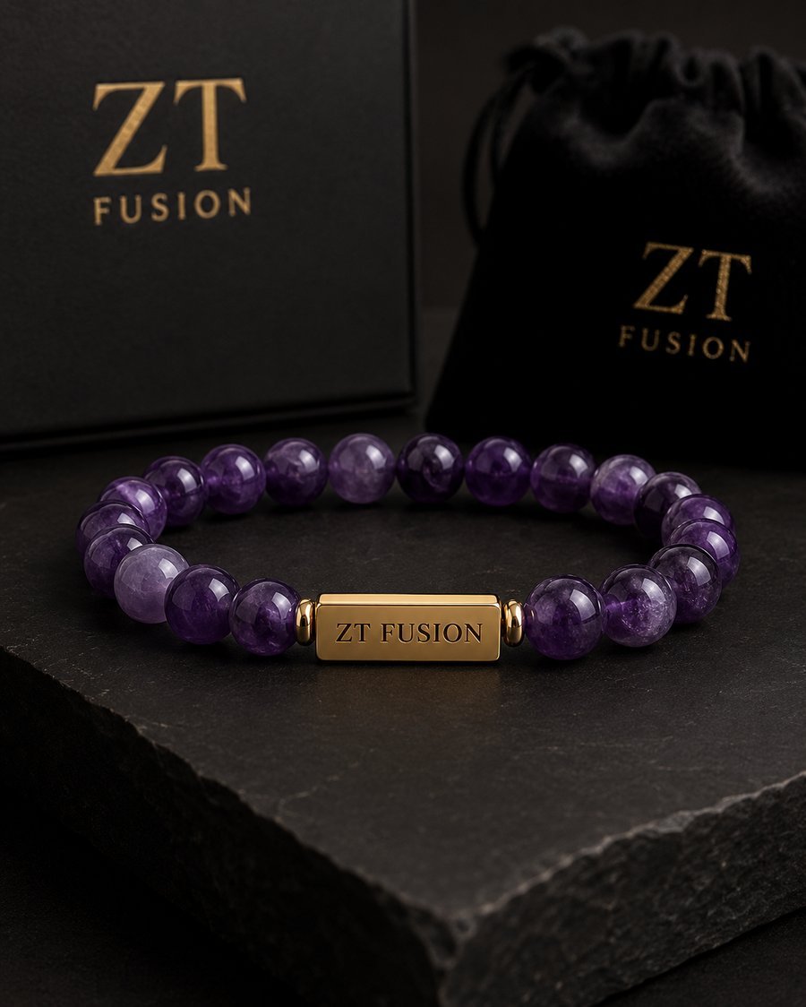 ZT Fusion Crystal Bracelet in Amethyst with gold-fill engraved bar