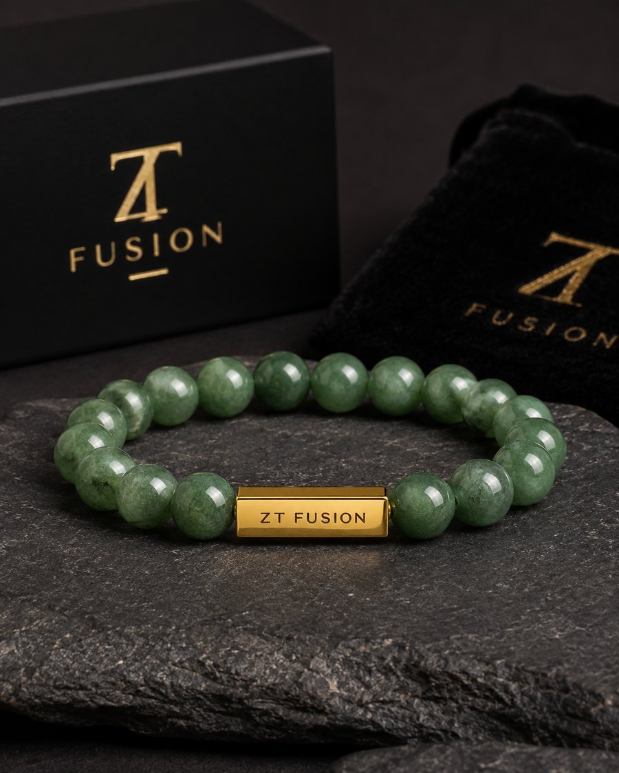 ZT Fusion Crystal Bracelet in Green Aventurine with gold-fill engraved bar