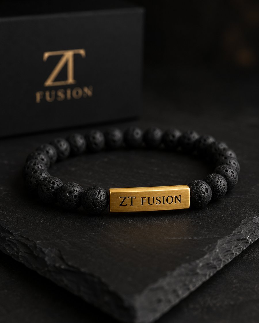 ZT Fusion Crystal Bracelet in Lava Stone with gold-fill engraved bar