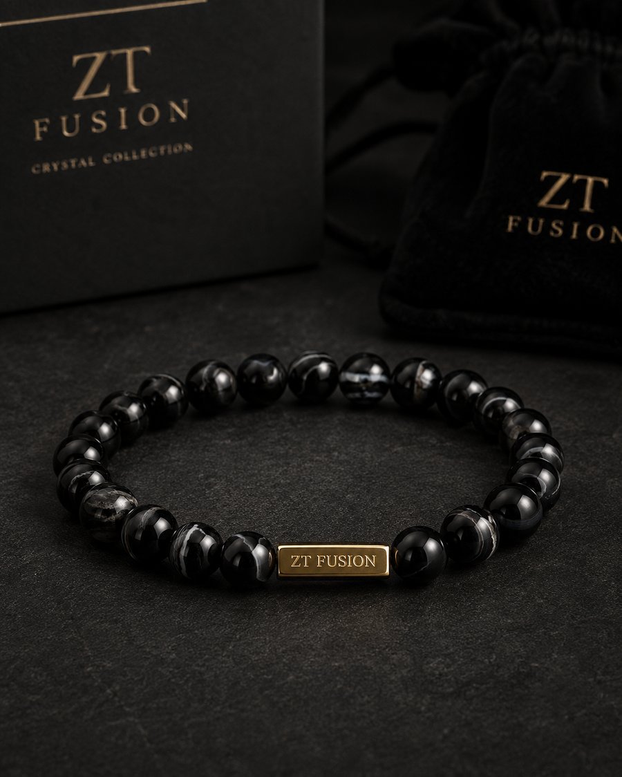ZT Fusion Crystal Bracelet in Black Onyx + Hematite with gold-fill engraved bar