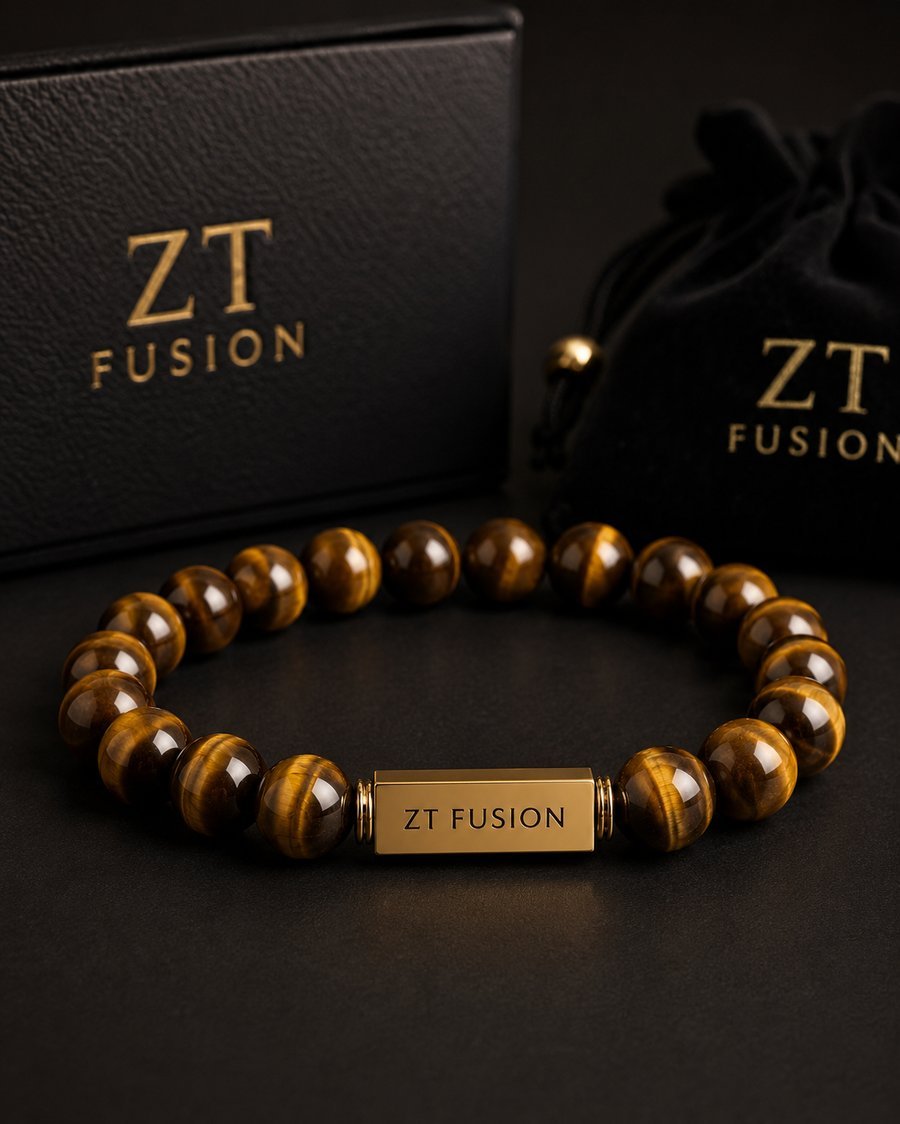 ZT Fusion Crystal Bracelet in Tiger’s Eye with gold-fill engraved bar
