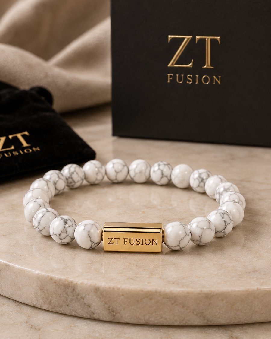 ZT Fusion Crystal Bracelet in White Howlite with gold-fill engraved bar