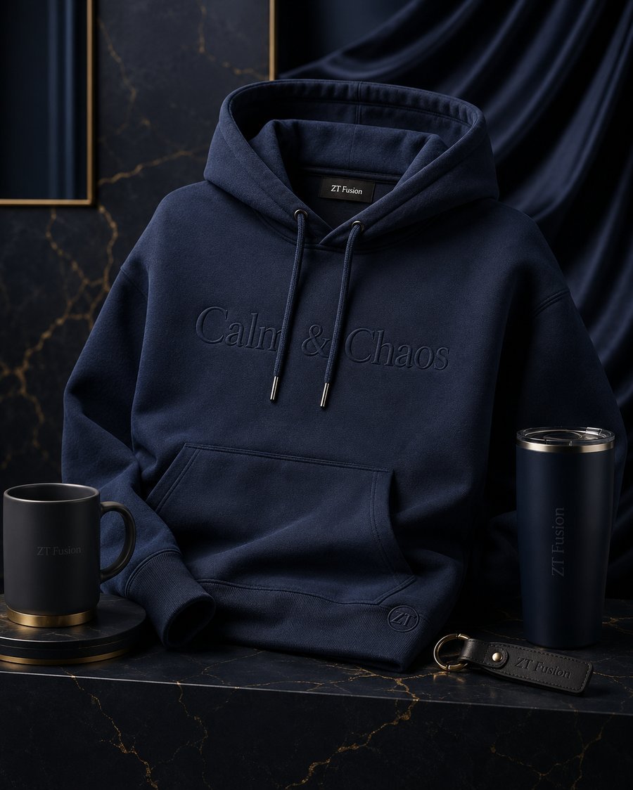 ZT Fusion Hoodie in Deep Water · Calm + Chaos capsule, tonal emboss