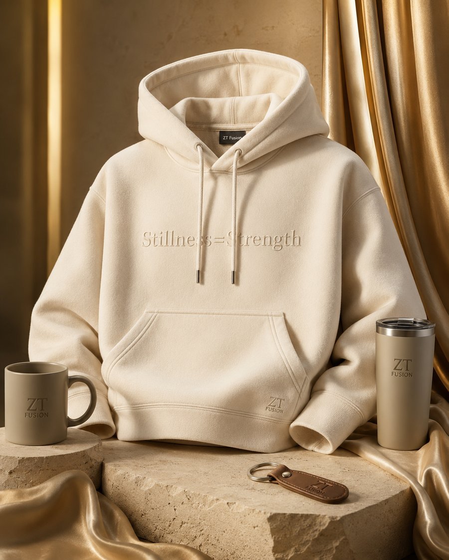 ZT Fusion Hoodie in Bone · Stillness + Strength capsule, tonal emboss