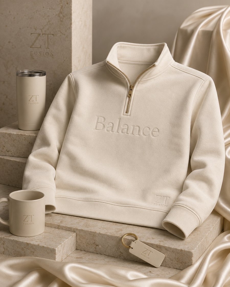 ZT Fusion Quarter-Zip in Bone · Balance capsule, tonal emboss
