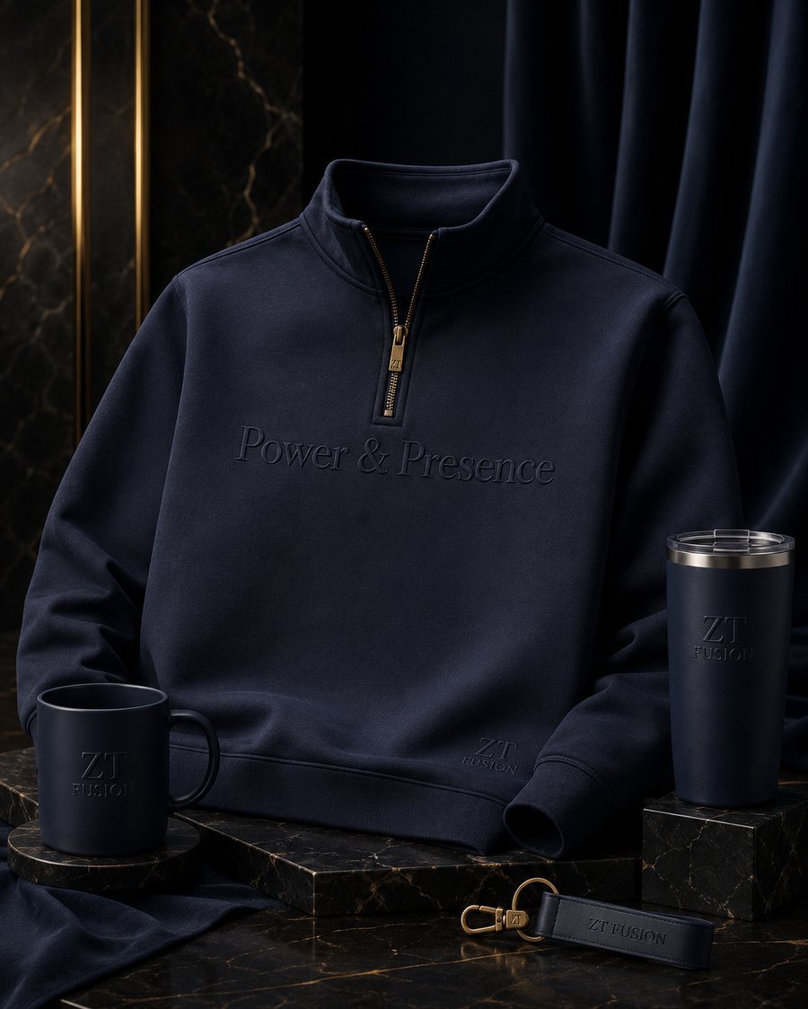 ZT Fusion Quarter-Zip in Deep Water · Power & Presence capsule, tonal emboss