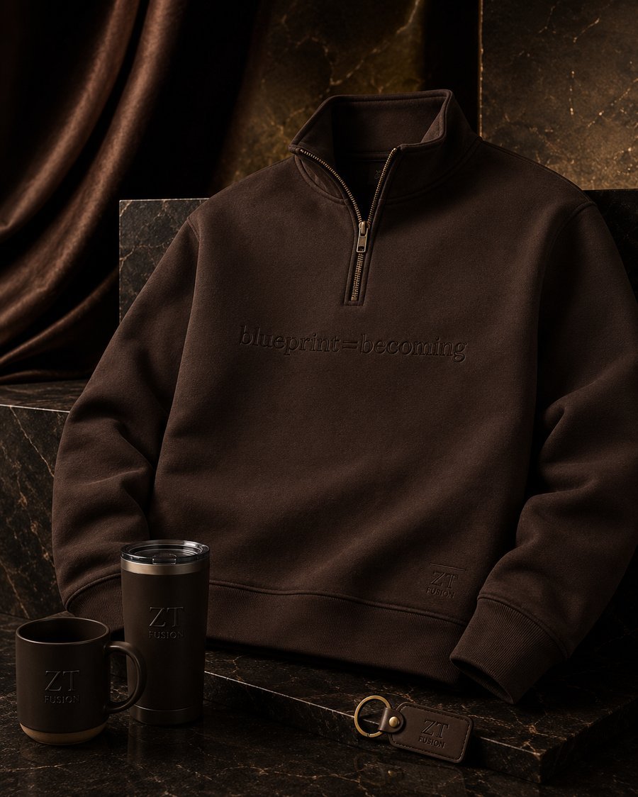 ZT Fusion Quarter-Zip in Earthen · Blueprint = Becoming capsule, tonal emboss