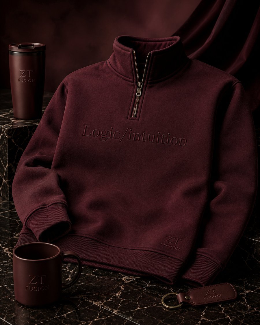 ZT Fusion Quarter-Zip in Ember · Logic / Intuition capsule, tonal emboss