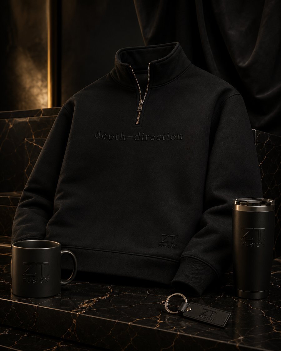 ZT Fusion Quarter-Zip in Onyx · Depth = Direction capsule, tonal emboss