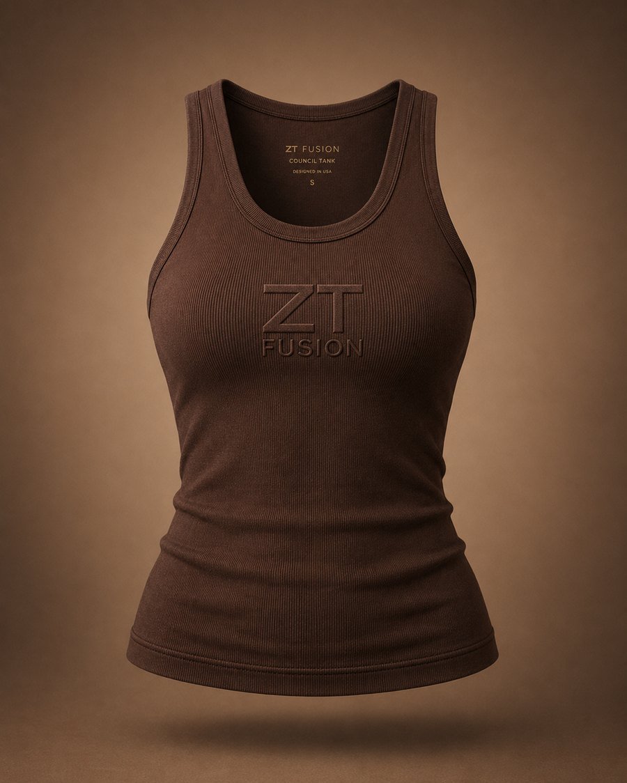 ZT Fusion Tank in Earthen · Blueprint = Becoming capsule, tonal emboss